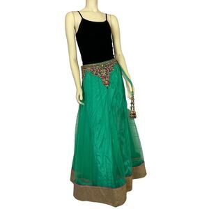 Bollywood skirt with jewels embroidery, green with gold size medium